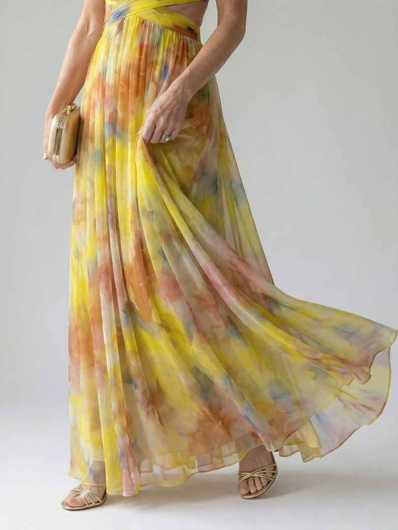 Yellow multicolor wrap maxi dress with thin straps, flowing skirt, side view