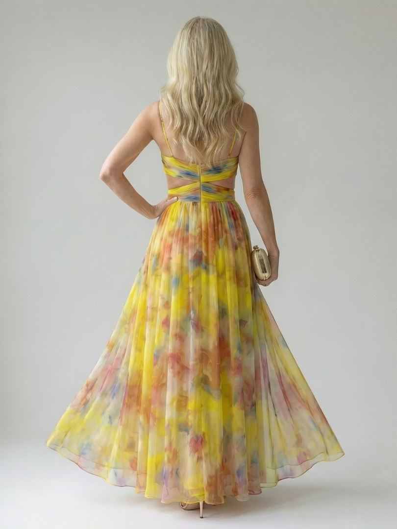 Yellow multicolor wrap maxi dress with thin straps, open back, full gathered skirt