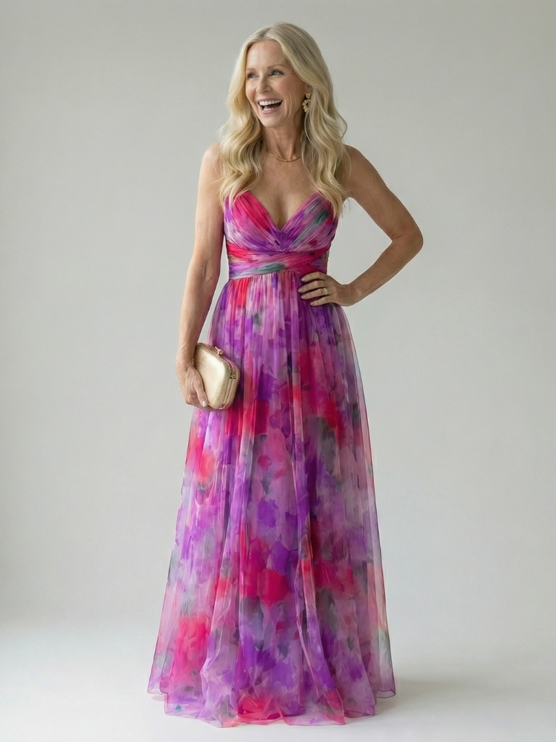 Pink and purple multicolor wrap maxi dress with thin straps and relaxed chiffon skirt