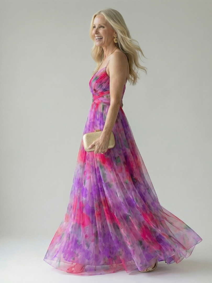 Pink and purple multicolor wrap maxi dress with thin straps, side profile