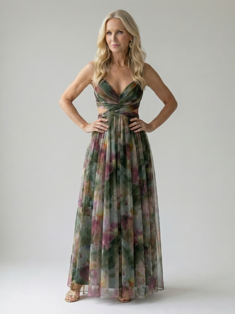 Dark green multicolor wrap maxi dress with thin straps, defined waist, flowing skirt