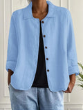 Light blue collared button-front jacket with 3/4 sleeves, woven relaxed fit