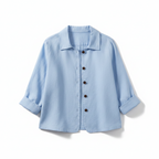 Women’s light blue collared button-front woven jacket with three-quarter sleeves