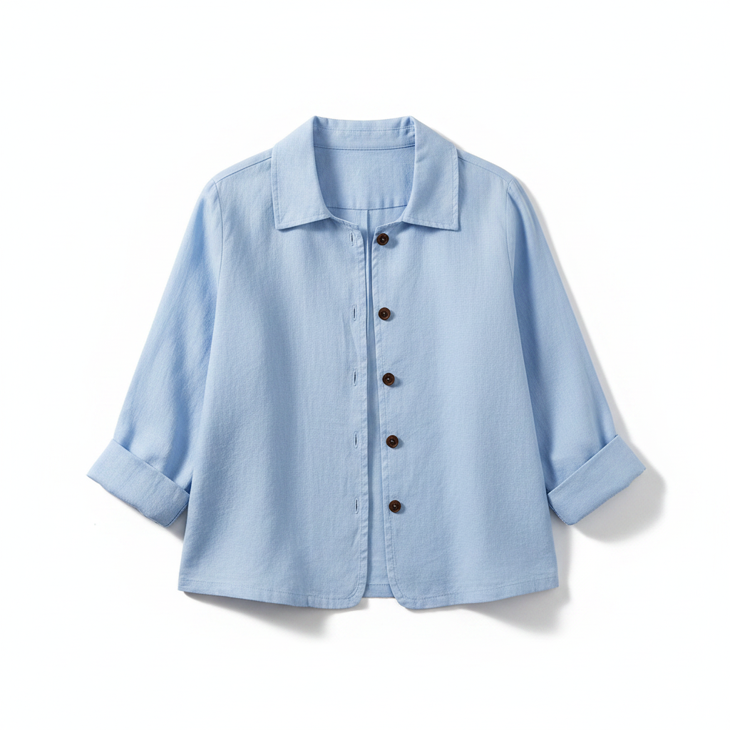 Women’s light blue collared button-front woven jacket with three-quarter sleeves