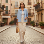 Women’s light blue collared button-front jacket on model, three-quarter relaxed fit
