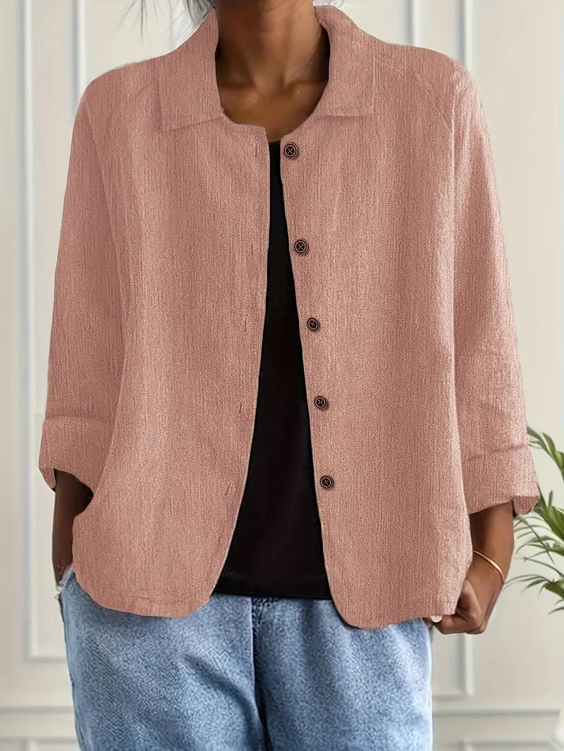 Pink collared button-front jacket with 3/4 sleeves, woven relaxed fit