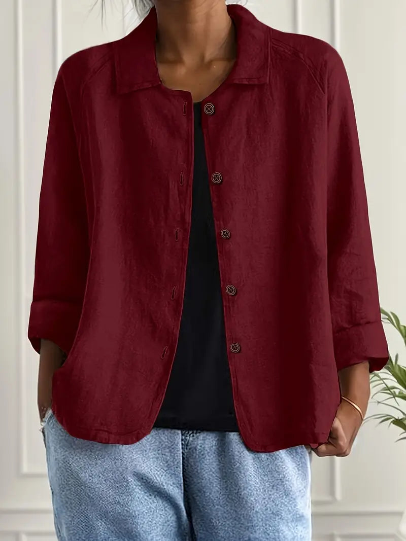Women’s crimson collared button-front jacket, three-quarter sleeves, relaxed fit