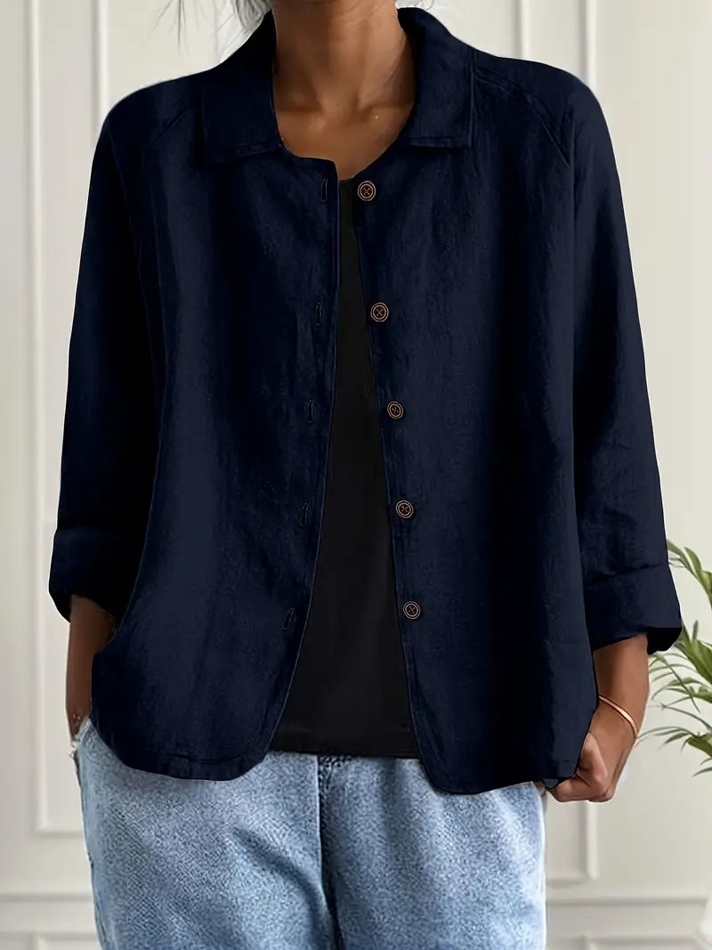 Women’s navy collared button-front jacket, three-quarter sleeves, relaxed fit