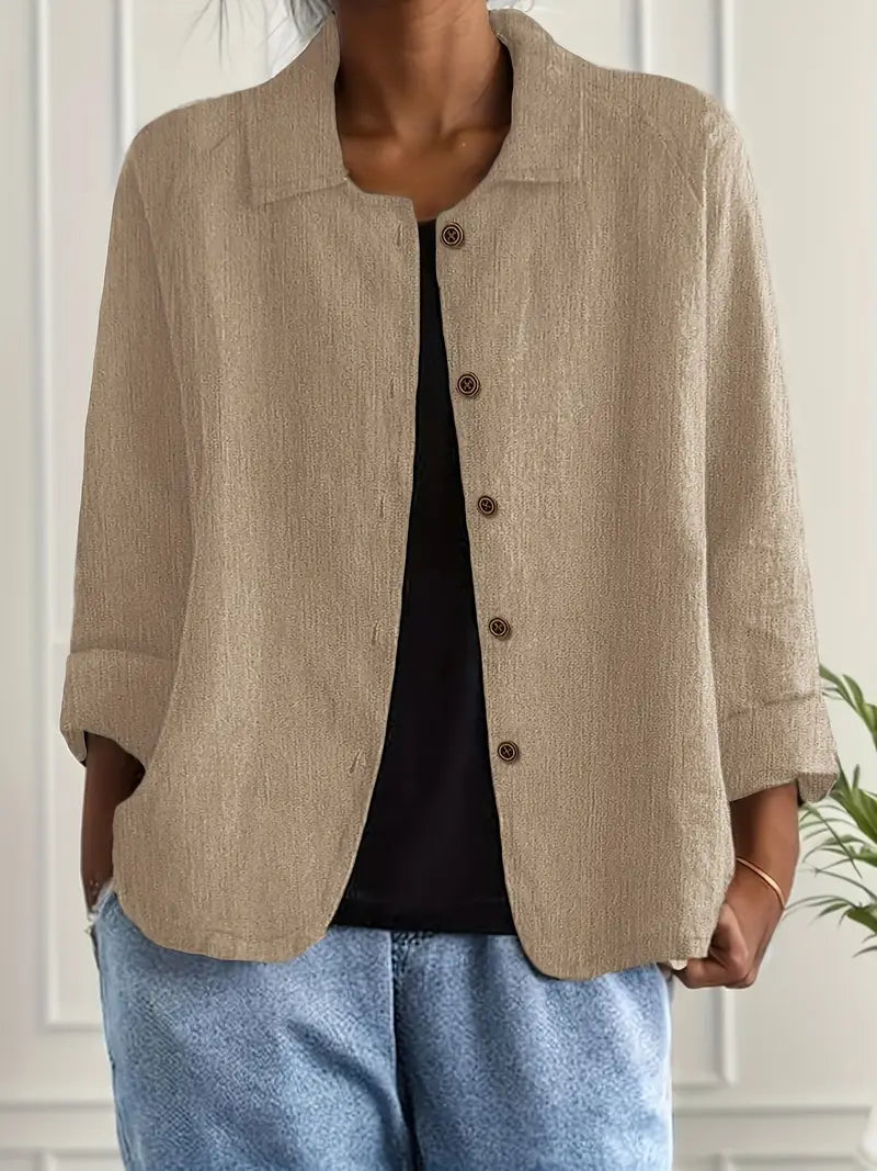 Beige collared button-front jacket with 3/4 sleeves, woven relaxed fit