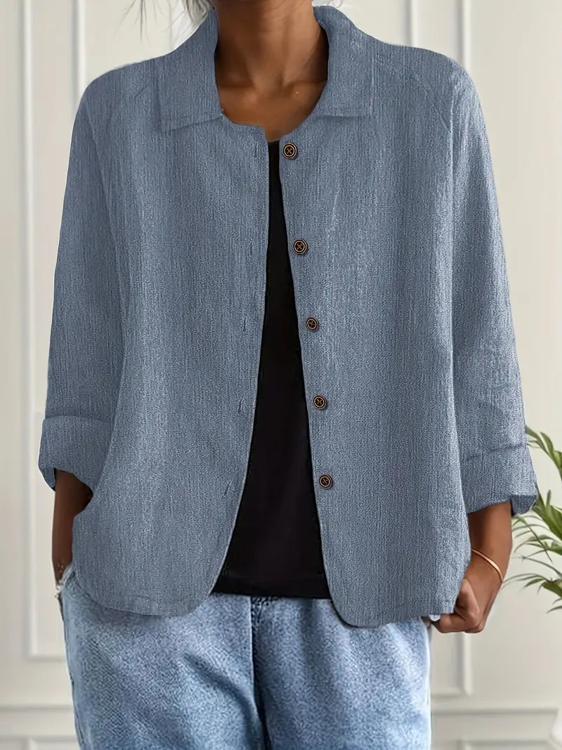 Blue collared button-front jacket with 3/4 sleeves, woven relaxed fit