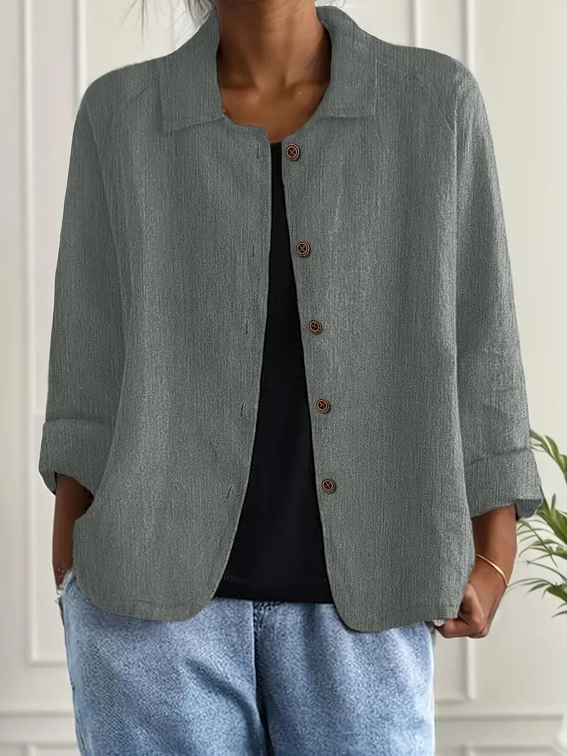 Dark grey collared button-front jacket with 3/4 sleeves, woven relaxed fit