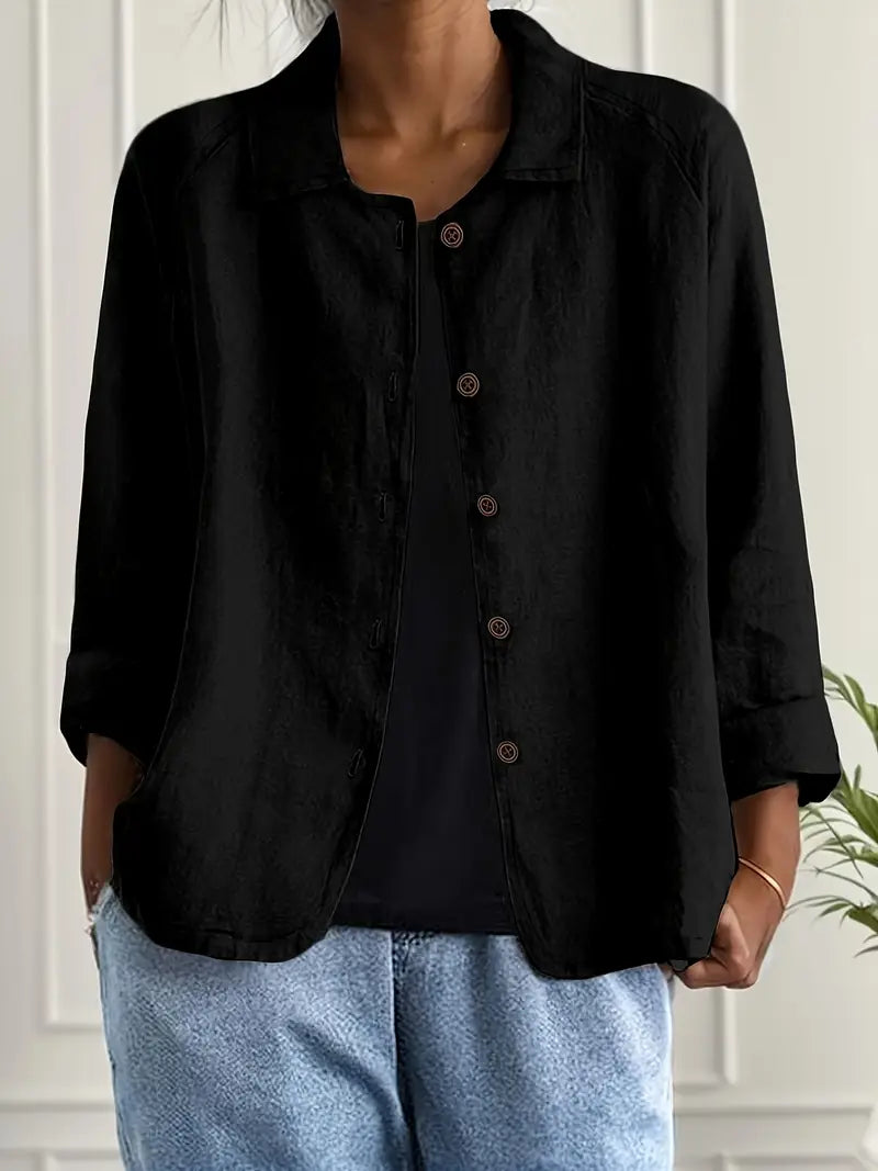 Black collared button-front jacket with 3/4 sleeves, woven relaxed fit