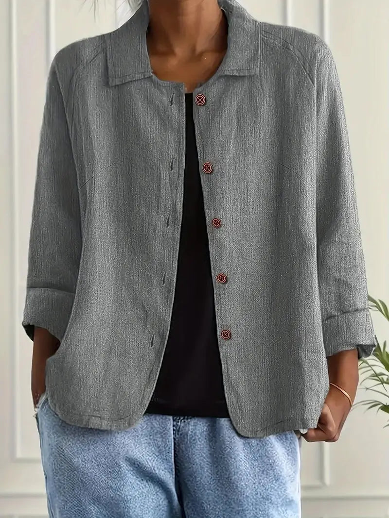 Light grey collared button-front jacket with 3/4 sleeves, woven relaxed fit