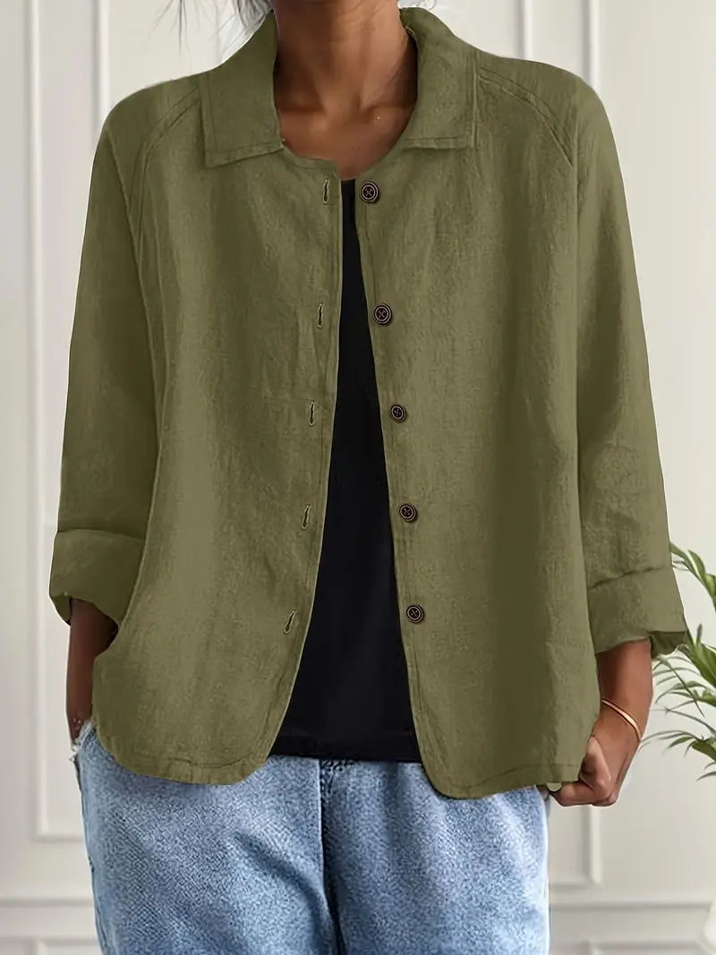 Olive collared button-front jacket with 3/4 sleeves, woven relaxed fit