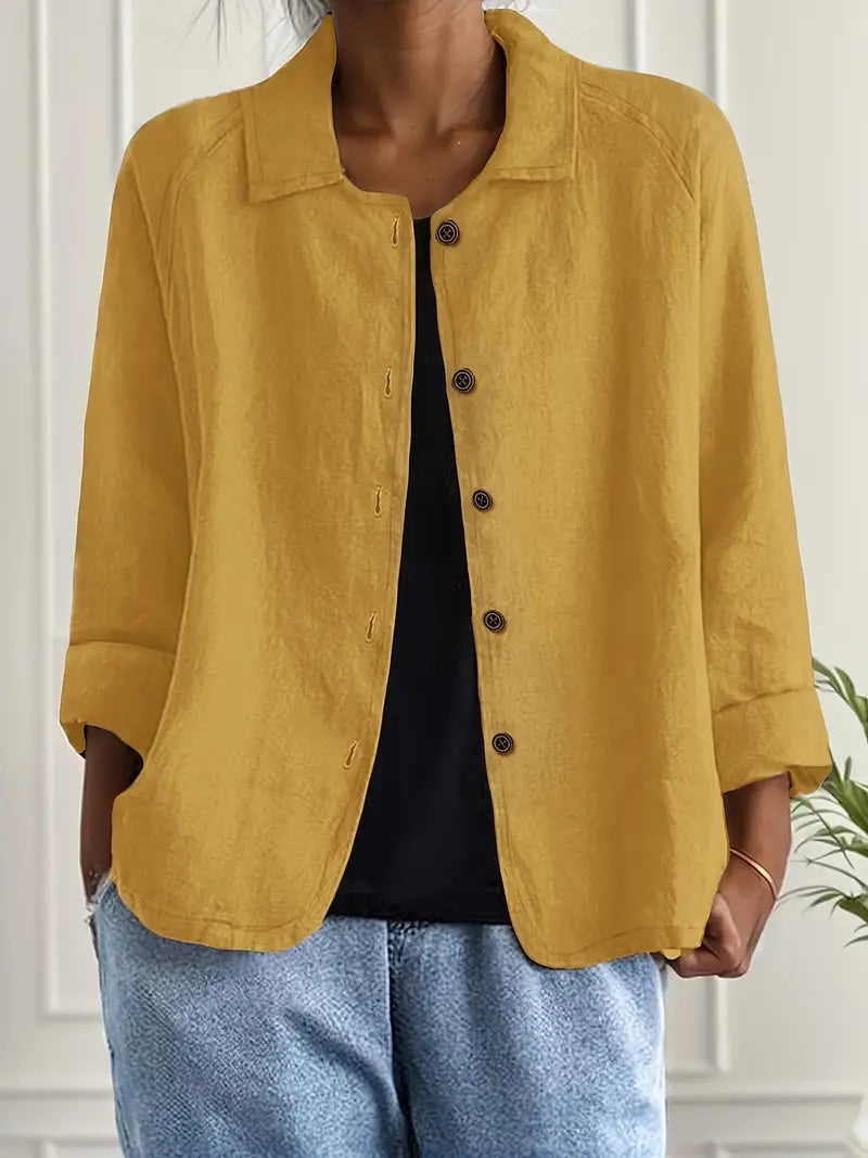 Yellow collared button-front jacket with 3/4 sleeves, woven relaxed fit