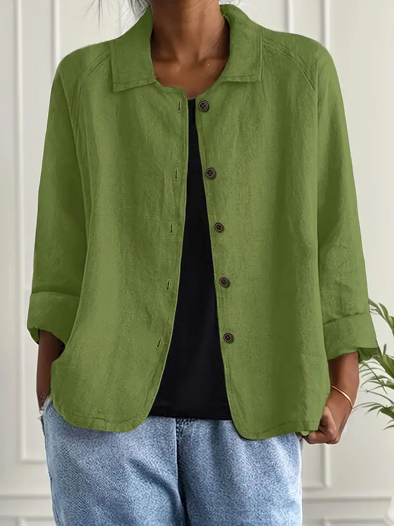Green collared button-front jacket with 3/4 sleeves, woven relaxed fit