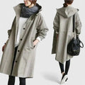 Light gray hooded coat with button front and long sleeves, side pockets