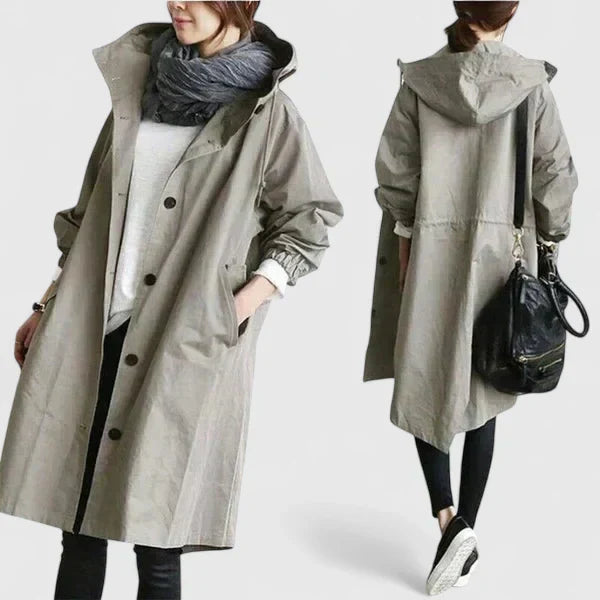 Light gray hooded coat with button front and long sleeves, side pockets