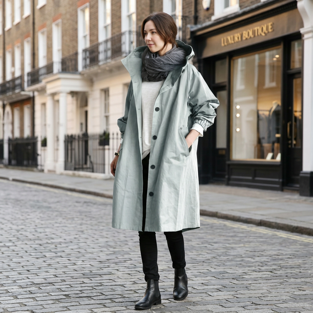 Women’s oversized hooded water-resistant coat in light green, front buttons, elastic cuffs