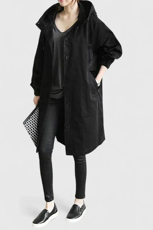 Black hooded coat with button front and long sleeves, side pockets