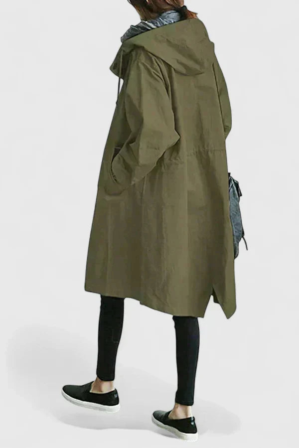 Army green hooded coat with button front and long sleeves, side pockets