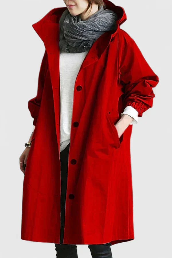 Red hooded coat with button front and long sleeves, side pockets