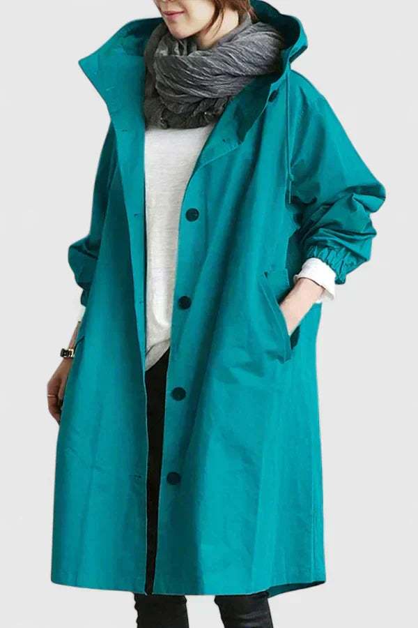 Teal hooded coat with button front and long sleeves, gathered cuffs