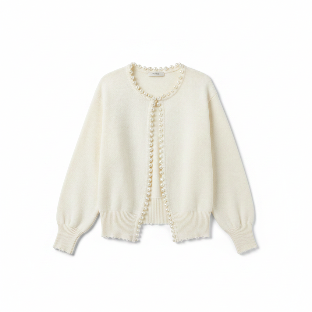 Ivory knit open cardigan sweater with pearl-trim front and frayed hem