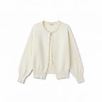 Ivory knit open cardigan sweater with pearl-trim front and frayed hem
