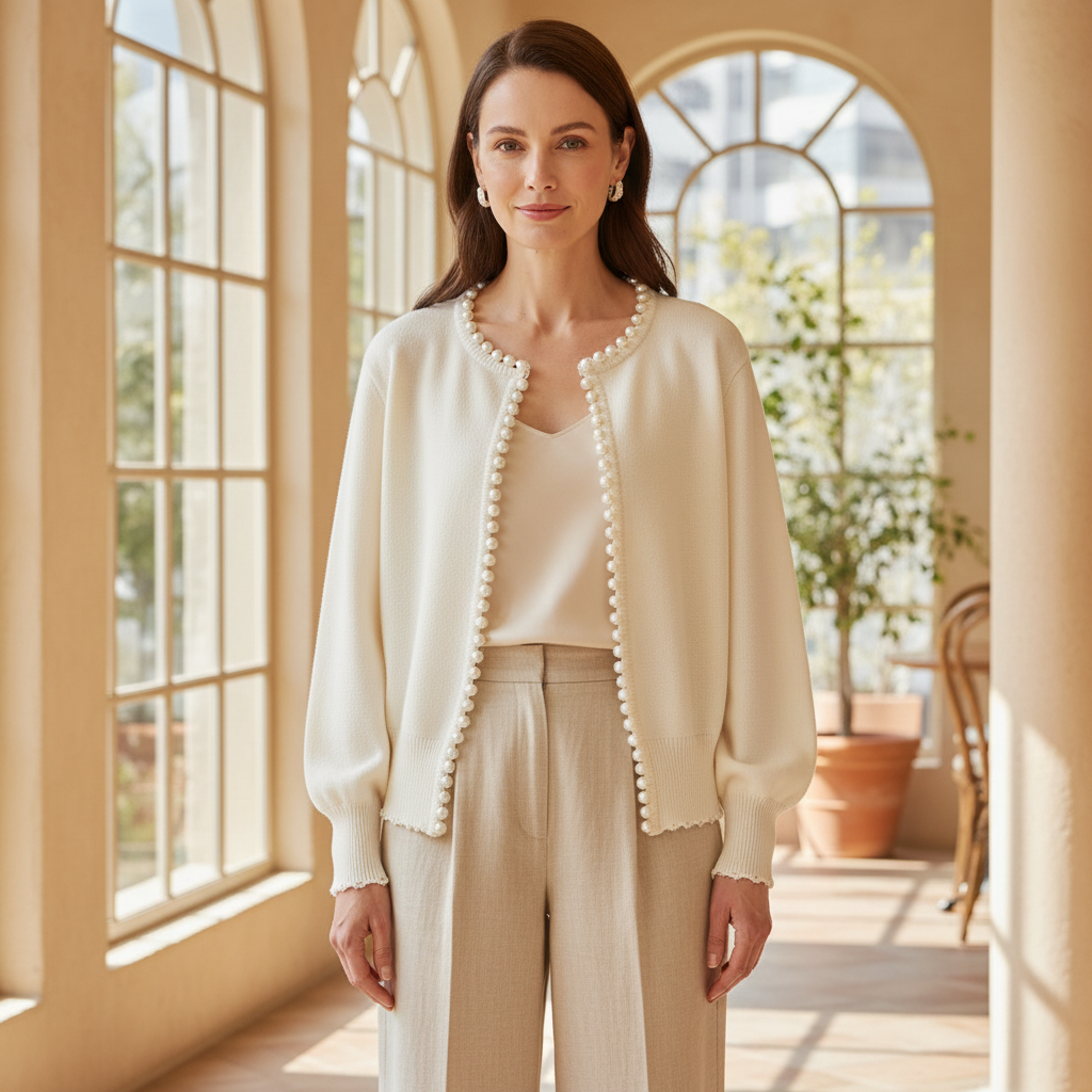 Ivory knit open cardigan with long pearl trim and balloon sleeves, relaxed fit