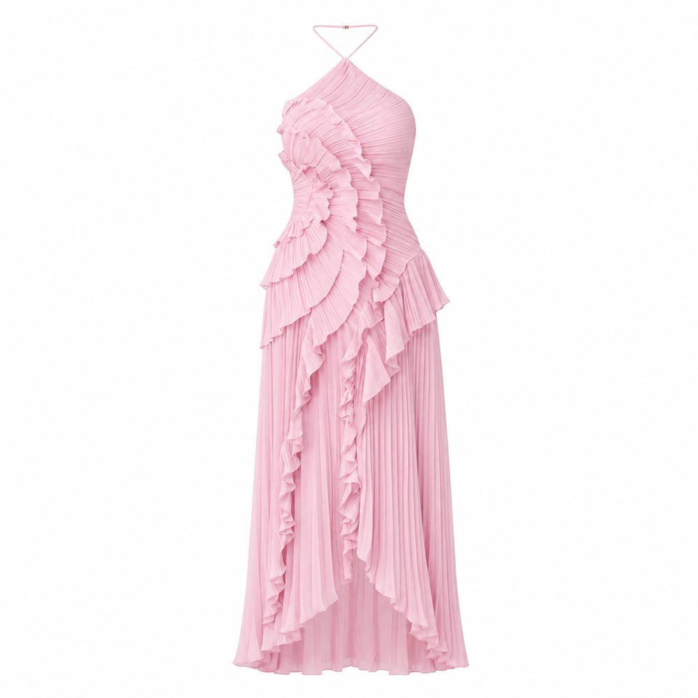 Pink halter ruffled maxi dress with asymmetric hem, open back