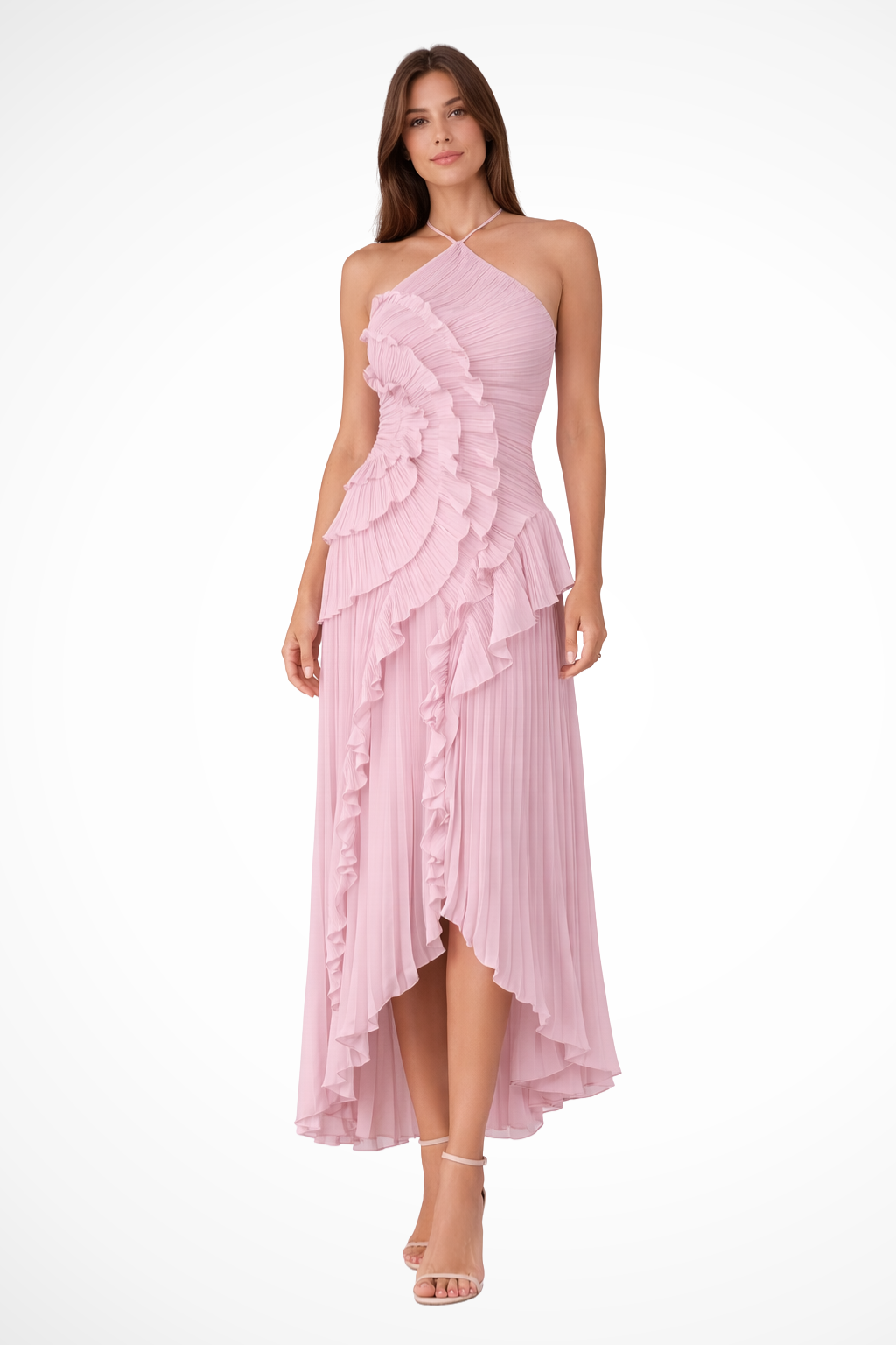 White halter ruffled maxi dress with asymmetric layered hem and front slit