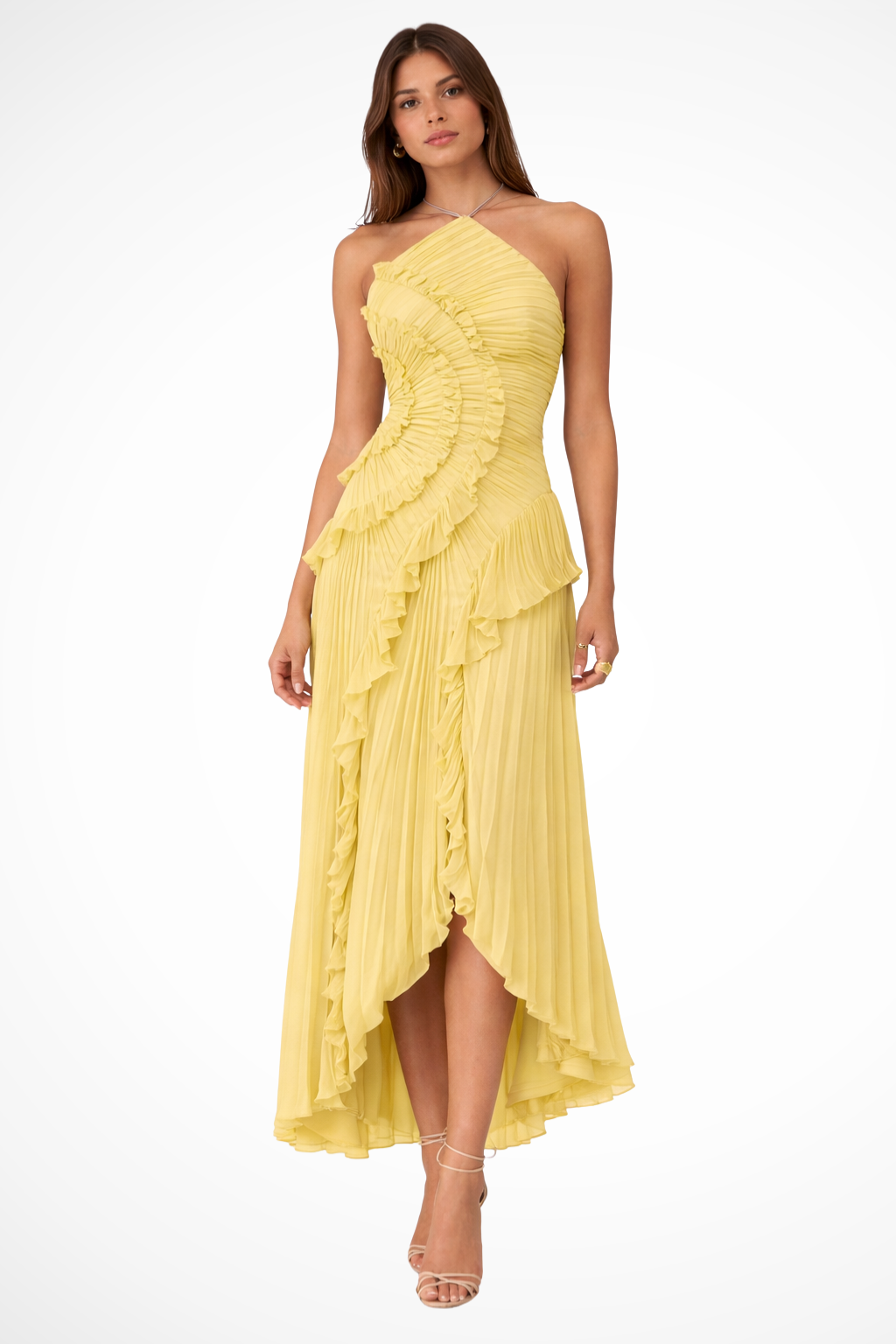 Yellow halter ruffled maxi dress with asymmetric layered hem and front slit