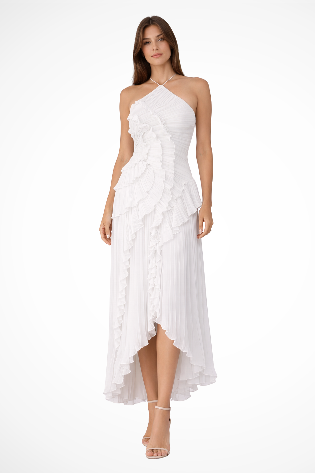 White halter ruffled maxi dress with asymmetric layered hem and cascading ruffles