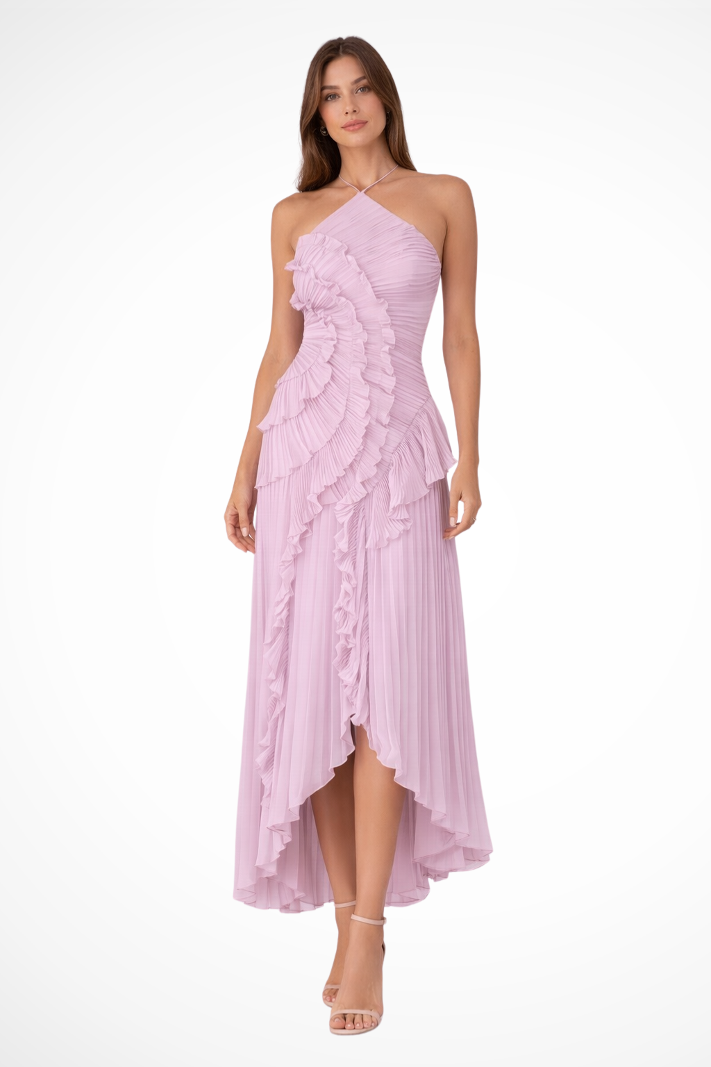 Lavender halter ruffled maxi dress with asymmetric layered hem and front slit