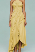 Yellow halter ruffled maxi dress with layered ruffles and front slit detail