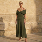Olive green off-shoulder maxi dress with draped neckline and pleated skirt