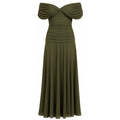 Olive green draped off-shoulder maxi dress, pleated full skirt
