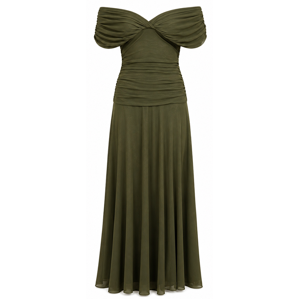 Olive green draped off-shoulder maxi dress, pleated full skirt