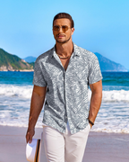 Men's Hawaiian shirt, blue-gray leaf print short-sleeve button-up with chest pocket