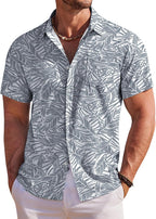 Men's Hawaiian shirt, gray leaf print short-sleeve button-up with front pocket