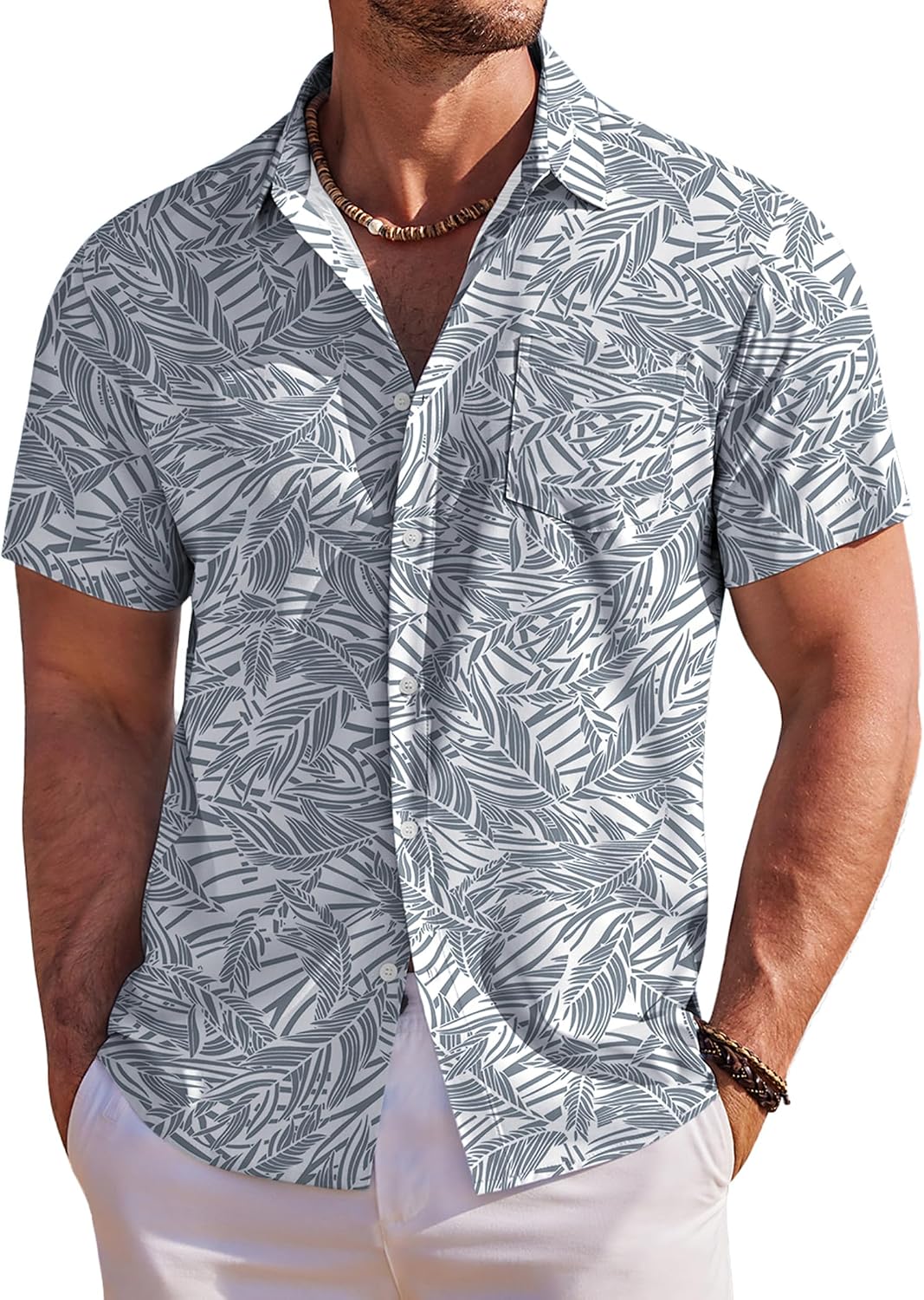 Men's Hawaiian shirt, gray leaf print short-sleeve button-up with front pocket