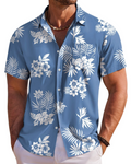 Men's Hawaiian shirt, medium blue with white tropical floral short-sleeve button-up