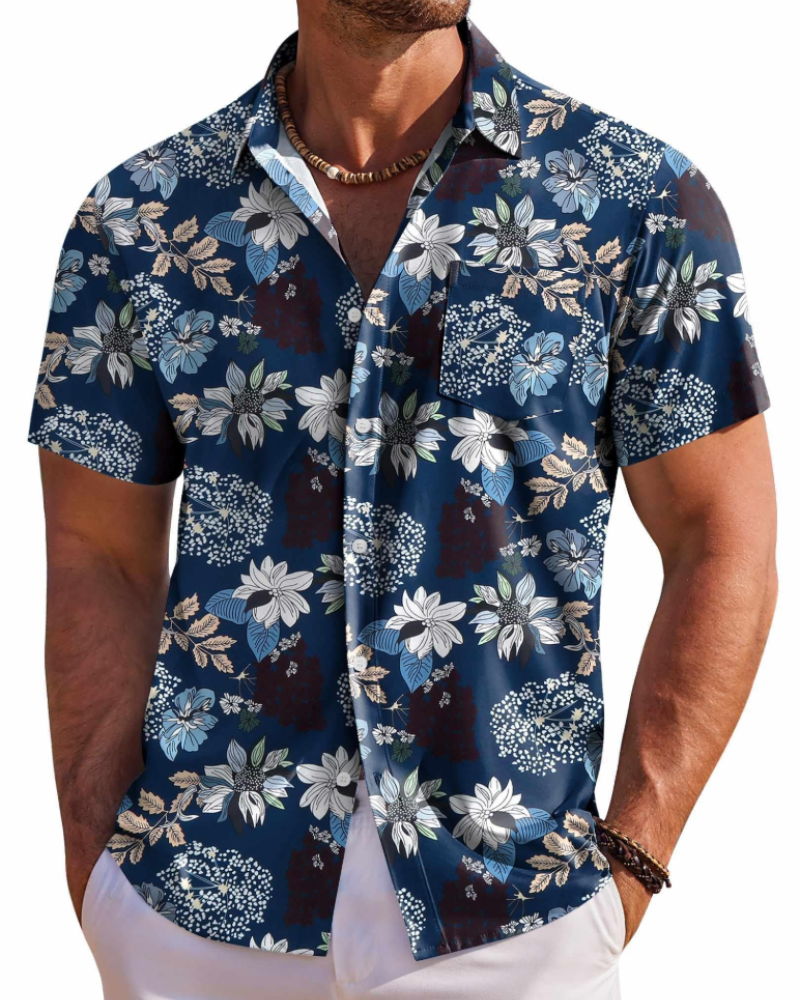 Men's Hawaiian shirt, navy blue with white and light-blue floral short-sleeve button-up