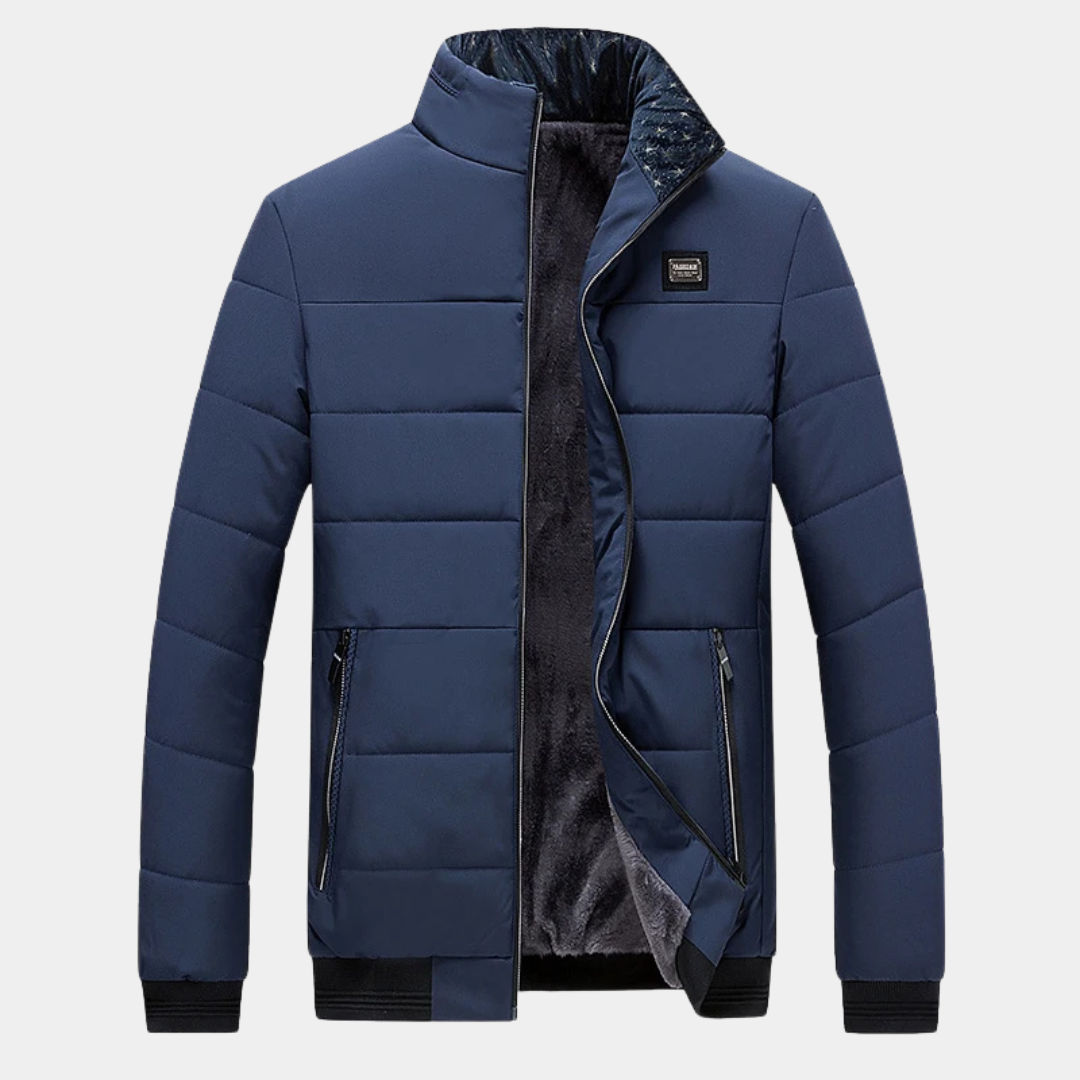 Blue padded jacket with stand collar, front zipper, and two side pockets