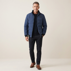 Men's blue quilted jacket with stand collar, full zipper, front pockets