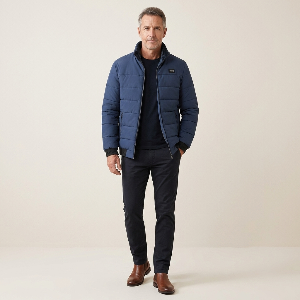 Men's blue quilted jacket with stand collar, full zipper, front pockets