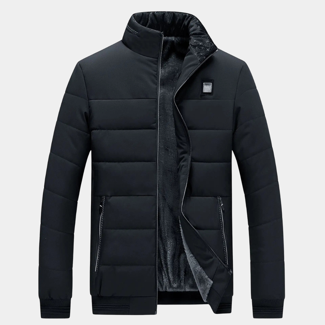 Black padded jacket with stand collar, front zipper, and logo patch