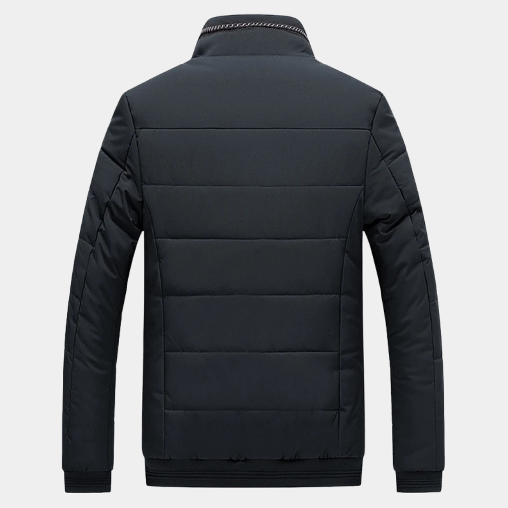 Black padded jacket back view with horizontal quilted panels