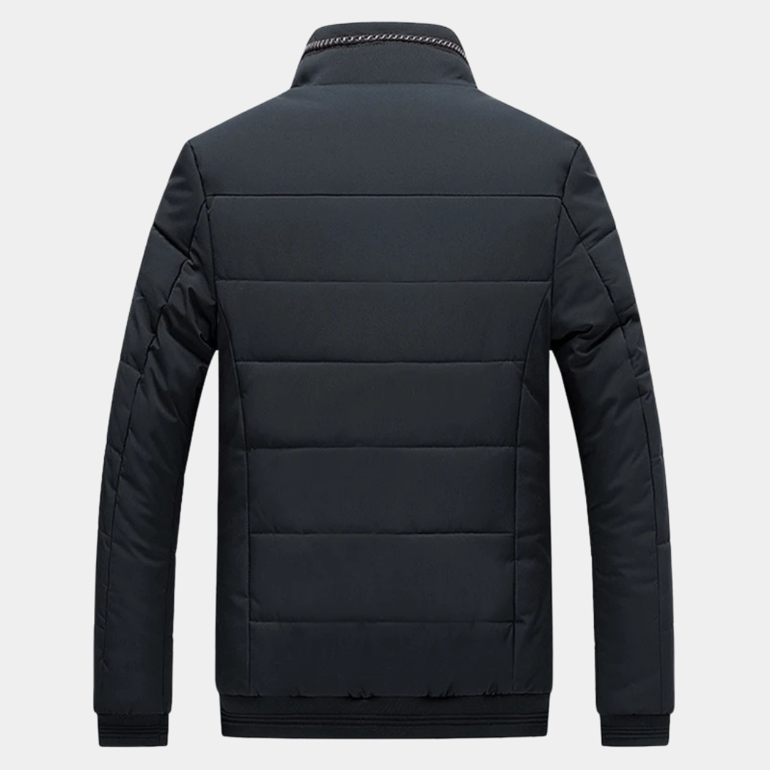Black padded jacket back view with horizontal quilted panels